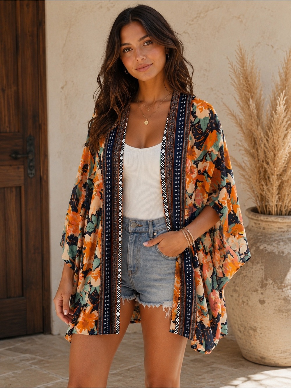 Umgee Orange and Navy Floral Kimono Cover-Up